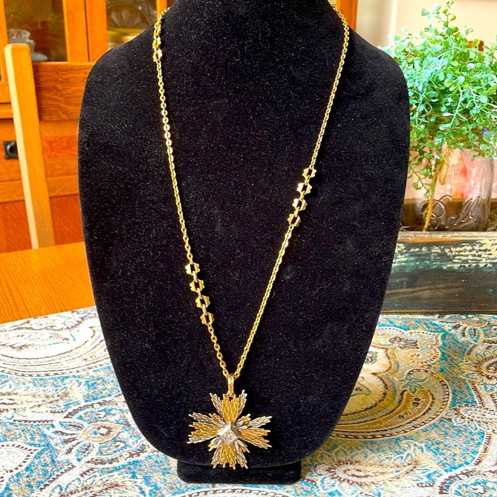 Art Arthur Pepper Maltese Cross Mid Century Brutalist Pendant Necklace Gold Tone